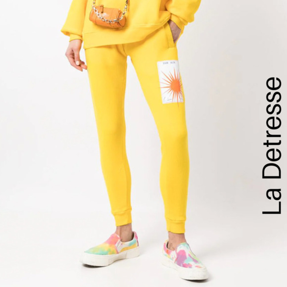 La Detresse NWT Jogger‎ Sweatpants The Sun Logo Patch High Rise Yellow Medium